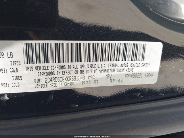 2019 Dodge Grand Caravan Sxt მანქანა იყიდება აუქციონზე, vin: 2C4RDGCGXKR691303, აუქციონის ნომერი: 45979585