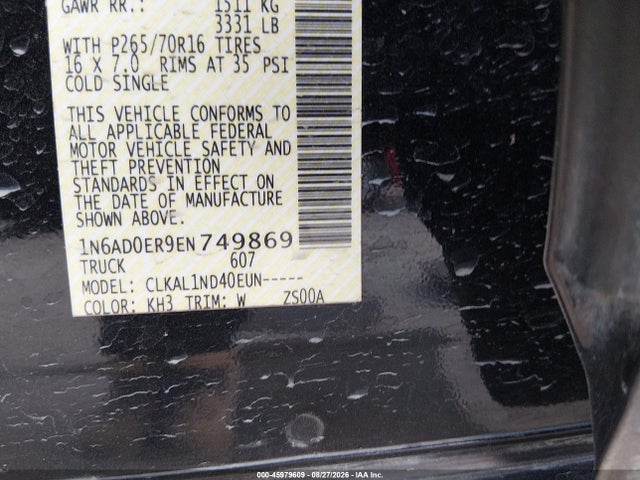 2014 Nissan Frontier S მანქანა იყიდება აუქციონზე, vin: 1N6AD0ER9EN749869, აუქციონის ნომერი: 45979609