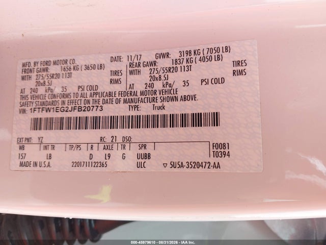 Продаж на аукціоні авто 2018 Ford F-150 Lariat, vin: 1FTFW1EG2JFB20773, номер лоту: 45979610