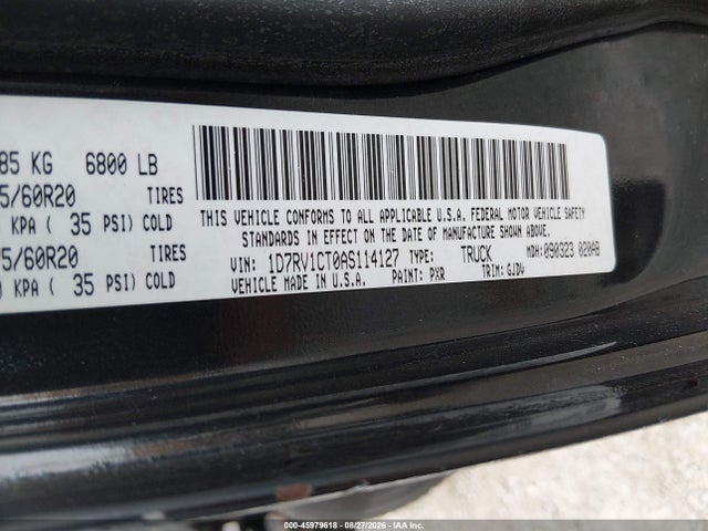 2010 Dodge Ram 1500 Laramie მანქანა იყიდება აუქციონზე, vin: 1D7RV1CT0AS114127, აუქციონის ნომერი: 45979618
