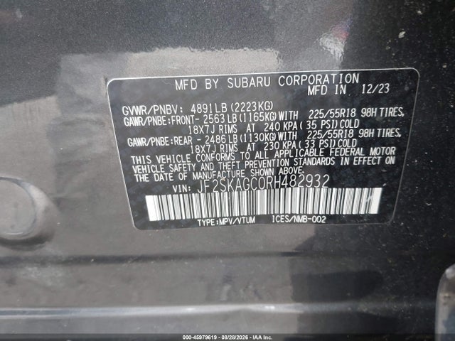 Aukcja sprzedaży 2024 Subaru Forester Sport, vin: JF2SKAGC0RH482932, numer aukcji: 45979619