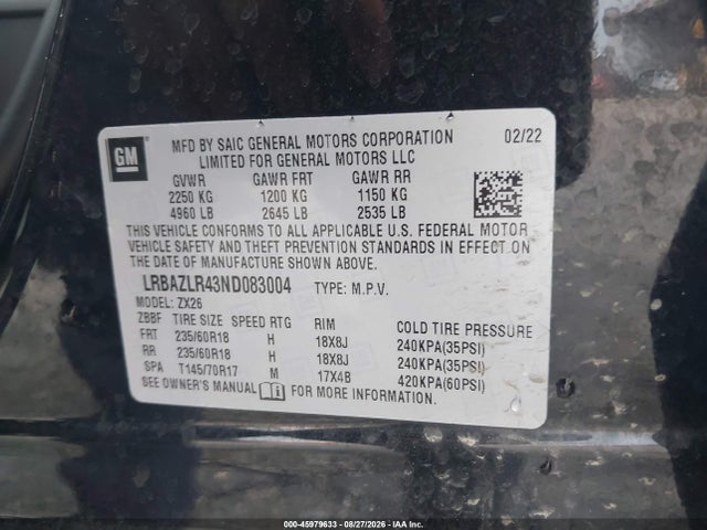 45979633 :رقم المزاد ، LRBAZLR43ND083004 vin ، 2022 Buick Envision Fwd Preferred مزاد بيع