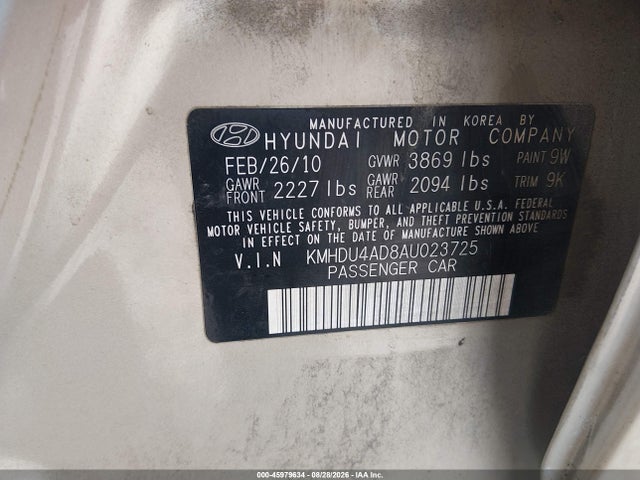 Продажа на аукционе авто 2010 Hyundai Elantra Gls, vin: KMHDU4AD8AU023725, номер лота: 45979634