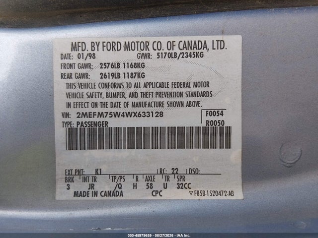 Продажа на аукционе авто 1998 Mercury Grand Marquis, vin: 2MEFM75W4WX633128, номер лота: 45979659