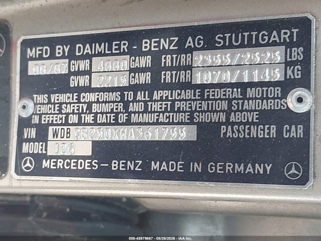 Продажа на аукционе авто 1987 Mercedes-benz 300 Sdl, vin: WDBCB25DXHA361755, номер лота: 45979667