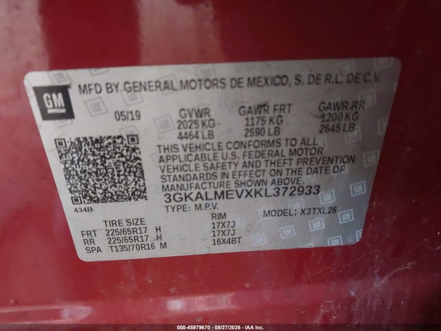 2019 Gmc Terrain Sle მანქანა იყიდება აუქციონზე, vin: 3GKALMEVXKL372933, აუქციონის ნომერი: 45979670
