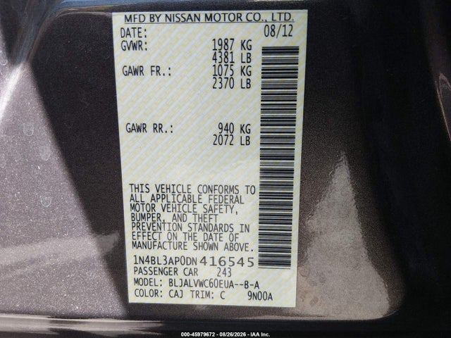Aukcja sprzedaży 2013 Nissan Altima 3.5 Sl, vin: 1N4BL3AP0DN416545, numer aukcji: 45979672