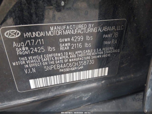 Продаж на аукціоні авто 2012 Hyundai Sonata Gls, vin: 5NPEB4AC6CH358730, номер лоту: 45979674