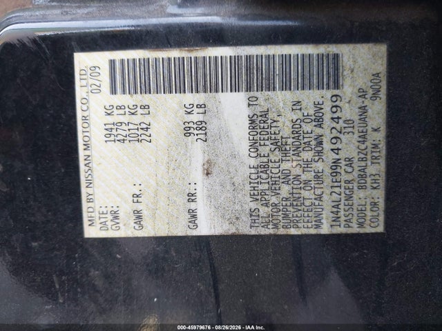 Auction sale of the 2009 Nissan Altima 2.5 S, vin: 1N4AL21E99N492499, lot number: 45979676