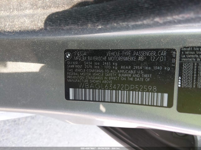 Продаж на аукціоні авто 2002 Bmw 745i, vin: WBAGL63472DP52598, номер лоту: 45979687