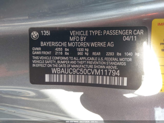 Продажа на аукционе авто 2012 Bmw 135i, vin: WBAUC9C50CVM11794, номер лота: 45979688