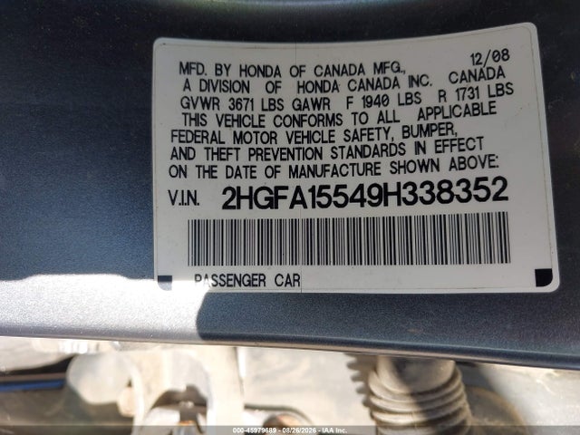 Aukcja sprzedaży 2009 Honda Civic Lx, vin: 2HGFA15549H338352, numer aukcji: 45979689