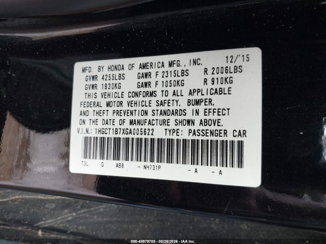 45979705 :رقم المزاد ، 1HGCT1B7XGA005622 vin ، 2016 Honda Accord Ex مزاد بيع