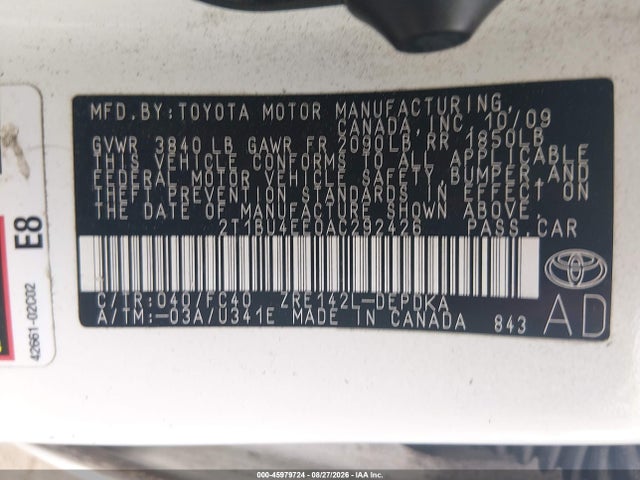 45979724 :رقم المزاد ، 2T1BU4EE0AC292426 vin ، 2010 Toyota Corolla Le مزاد بيع