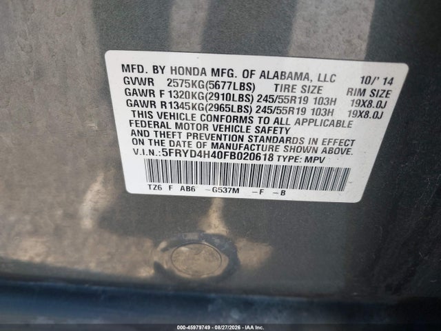 Aukcja sprzedaży 2015 Acura Mdx Technology Package, vin: 5FRYD4H40FB020618, numer aukcji: 45979749