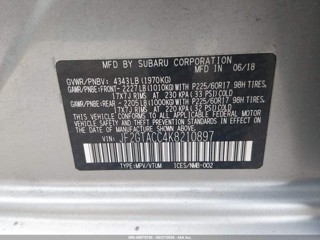 2019 Subaru Crosstrek 2.0i Premium მანქანა იყიდება აუქციონზე, vin: JF2GTACC4K8210897, აუქციონის ნომერი: 45979750