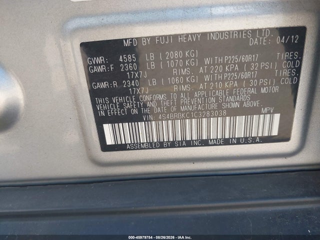 Aukcja sprzedaży 2012 Subaru Outback 2.5i Limited, vin: 4S4BRBKC1C3283038, numer aukcji: 45979754