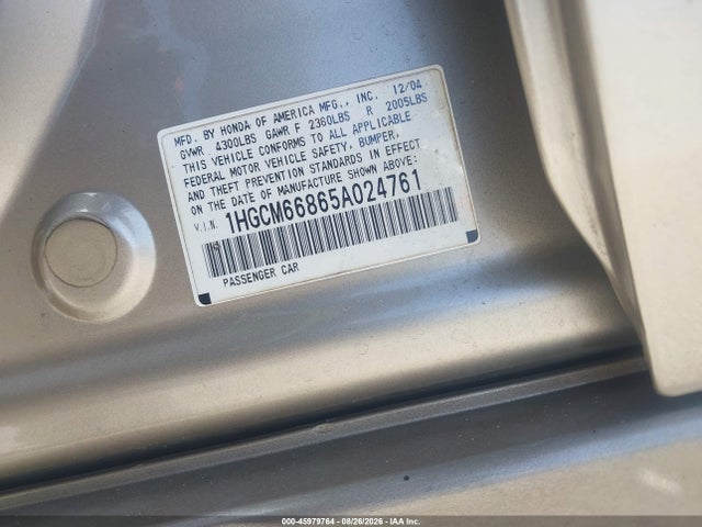 Aukcja sprzedaży 2005 Honda Accord 3.0 Ex, vin: 1HGCM66865A024761, numer aukcji: 45979764