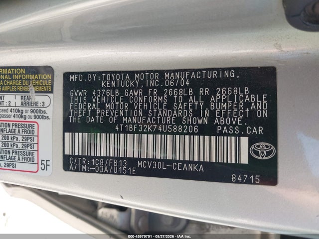 Продажа на аукционе авто 2004 Toyota Camry Le V6, vin: 4T1BF32K74U588206, номер лота: 45979791