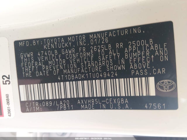 Aukcja sprzedaży 2026 Toyota Camry Xle, vin: 4T1DBADK1TU049424, numer aukcji: 45979811