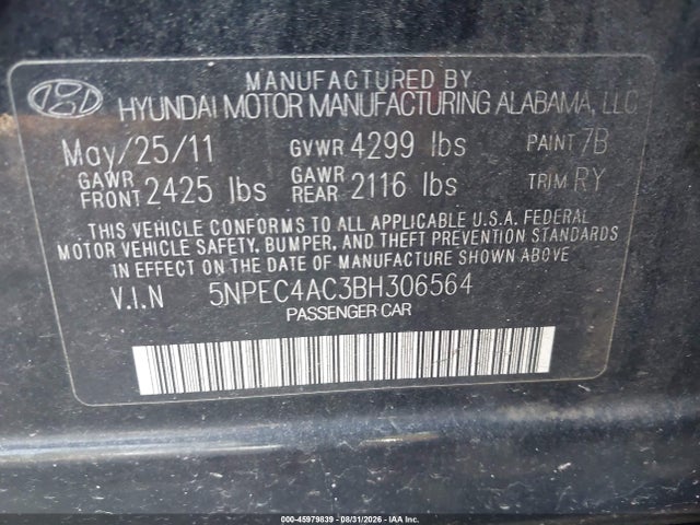 Aukcja sprzedaży 2011 Hyundai Sonata Se, vin: 5NPEC4AC3BH306564, numer aukcji: 45979839