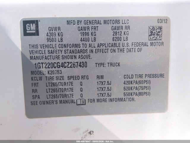 45979847 :رقم المزاد ، 1GT220CG9CZ268587 vin ، 2012 Gmc Sierra 2500hd Sle مزاد بيع