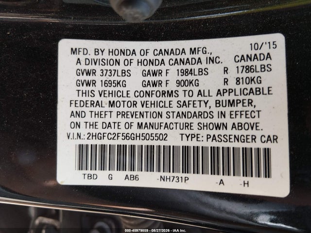 Aukcja sprzedaży 2016 Honda Civic Lx, vin: 2HGFC2F56GH505502, numer aukcji: 45979859