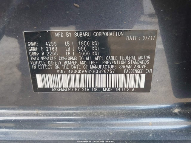 Продаж на аукціоні авто 2017 Subaru Impreza 2.0i, vin: 4S3GKAA62H3626757, номер лоту: 45979885