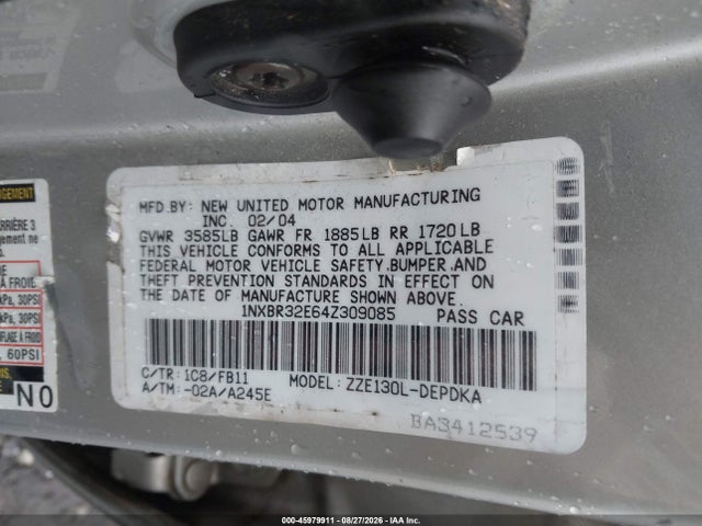 Aukcja sprzedaży 2004 Toyota Corolla Ce, vin: 1NXBR32E64Z309085, numer aukcji: 45979911
