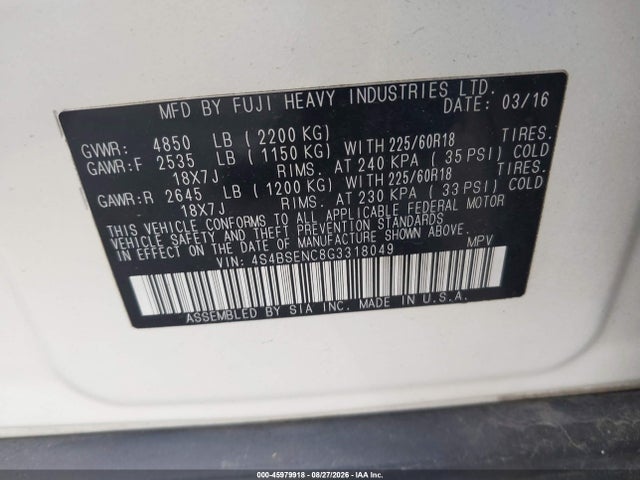 Aukcja sprzedaży 2016 Subaru Outback 3.6r Limited, vin: 4S4BSENC8G3318049, numer aukcji: 45979918