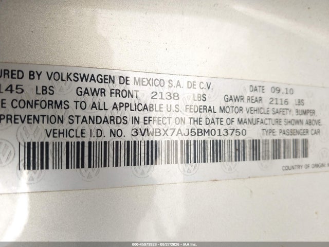 2011 Volkswagen Jetta 2.5l Se მანქანა იყიდება აუქციონზე, vin: 3VWBX7AJ5BM013750, აუქციონის ნომერი: 45979928
