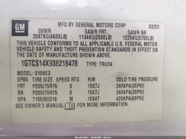 Продаж на аукціоні авто 2003 Gmc Sonoma Sl, vin: 1GTCS14X938218478, номер лоту: 45979931