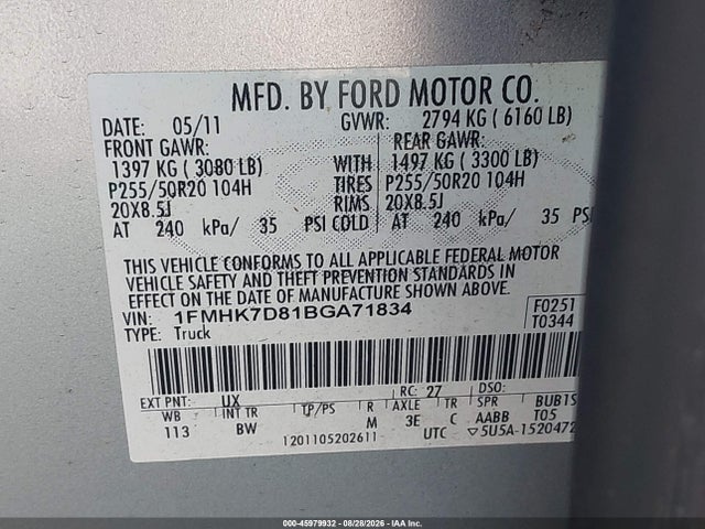 2011 Ford Explorer Xlt მანქანა იყიდება აუქციონზე, vin: 1FMHK7D81BGA71834, აუქციონის ნომერი: 45979932