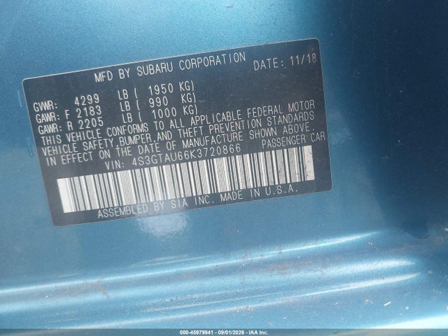 45979941 :رقم المزاد ، 4S3GTAU66K3720866 vin ، 2019 Subaru Impreza 2.0i Limited مزاد بيع