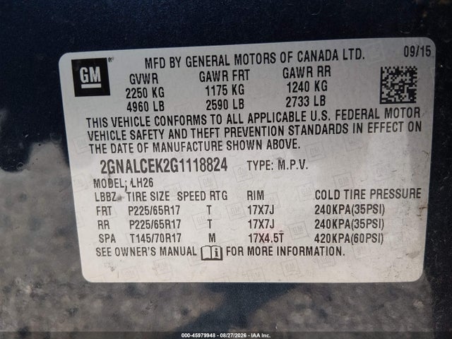 45979948 :رقم المزاد ، 2GNALCEK2G1118824 vin ، 2016 Chevrolet Equinox Lt مزاد بيع