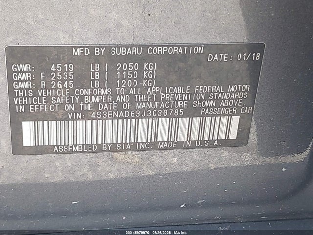 45979970 :رقم المزاد ، 4S3BNAD63J3030785 vin ، 2018 Subaru Legacy 2.5i Premium مزاد بيع