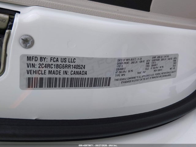 Auction sale of the 2024 Chrysler Pacifica Touring L, vin: 2C4RC1BG6RR140524, lot number: 45979971
