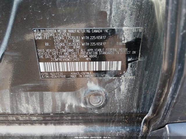Aukcja sprzedaży 2016 Toyota Rav4 Xle, vin: 2T3WFREV4GW273403, numer aukcji: 45979984