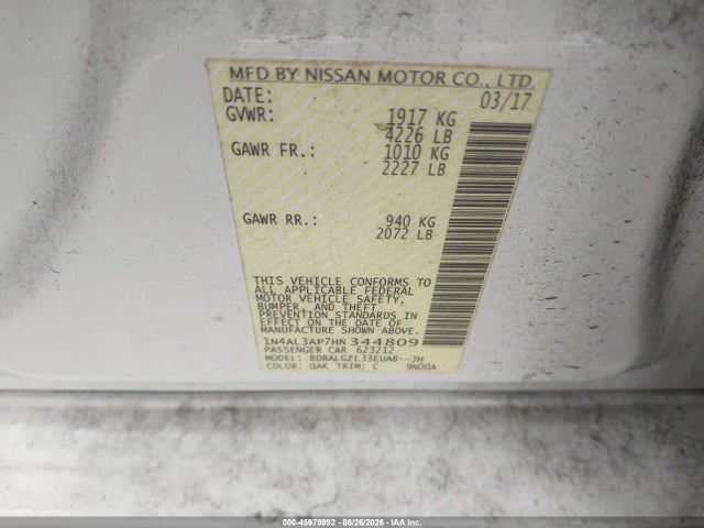 2017 Nissan Altima 2.5 S მანქანა იყიდება აუქციონზე, vin: 1N4AL3AP7HN344809, აუქციონის ნომერი: 45979992