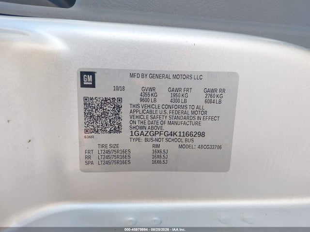 2019 Chevrolet Express 3500 Lt მანქანა იყიდება აუქციონზე, vin: 1GAZGPFG4K1166298, აუქციონის ნომერი: 45979994