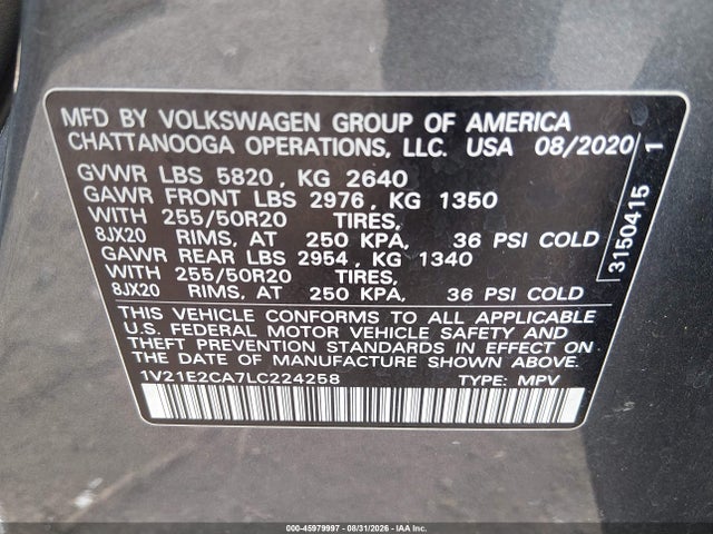 45979997 :رقم المزاد ، 1V21E2CA7LC224258 vin ، 2020 Volkswagen Atlas Cross Sport 3.6l V6 Se W/technology/3.6l V6 Se W/technology R-line مزاد بيع