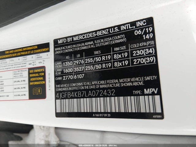 45980016 :رقم المزاد ، 4JGFB4KB7LA072432 vin ، 2020 Mercedes-benz Gle 350 4matic مزاد بيع