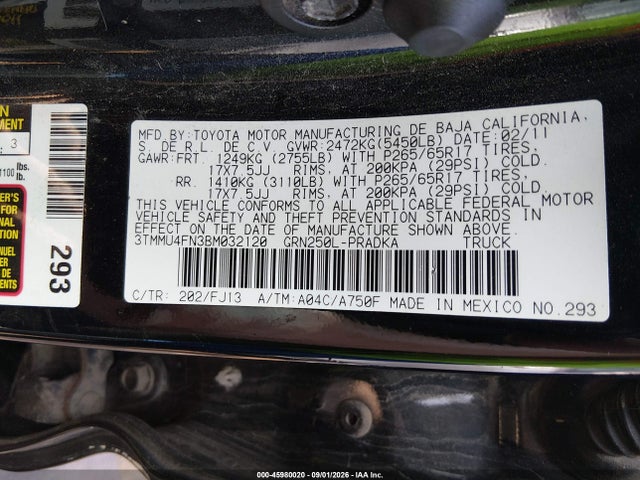 2011 Toyota Tacoma Base V6 მანქანა იყიდება აუქციონზე, vin: 3TMMU4FN3BM032120, აუქციონის ნომერი: 45980020