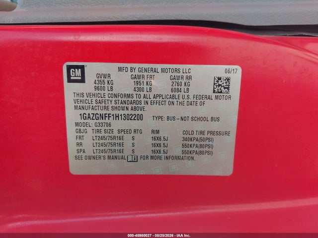 45980027 :رقم المزاد ، 1GAZGNFF1H1302200 vin ، 2017 Chevrolet Express 3500 Ls مزاد بيع