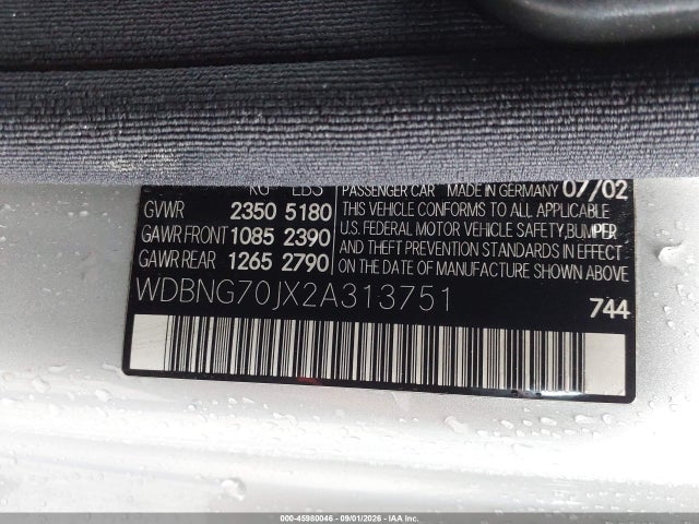 Aukcja sprzedaży 2002 Mercedes-benz S 430, vin: WDBNG70JX2A313751, numer aukcji: 45980046