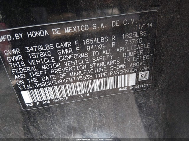 Продаж на аукціоні авто 2015 Honda Fit Ex/ex-l, vin: 3HGGK5H84FM745938, номер лоту: 45980048