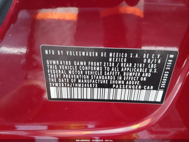 Продажа на аукционе авто 2017 Volkswagen Jetta 1.4t S, vin: 3VW2B7AJ1HM245673, номер лота: 45980052