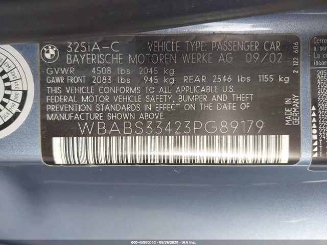Продажа на аукционе авто 2003 Bmw 325ci, vin: WBABS33423PG89179, номер лота: 45980053