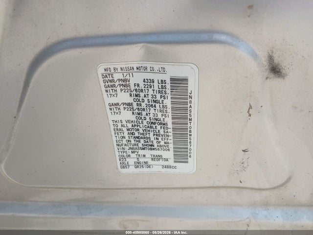 2011 Nissan Rogue Sv მანქანა იყიდება აუქციონზე, vin: JN8AS5MT0BW567006, აუქციონის ნომერი: 45980060
