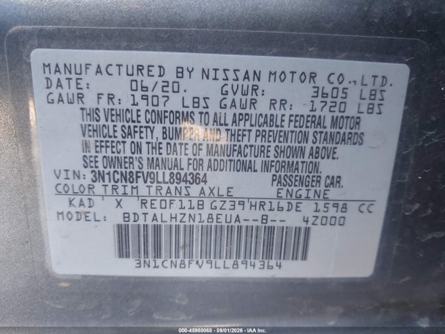 Продажа на аукционе авто 2020 Nissan Versa Sr Xtronic Cvt, vin: 3N1CN8FV9LL894364, номер лота: 45980068